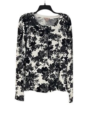 White Stag XL Cardigan Black White Floral Button Front Lightweight Sweater Knit